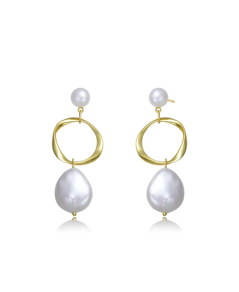 Genevive Elegant Sterling Silver 14K Gold Plating and Genuine Freshwater Pearl Hoop Earrings