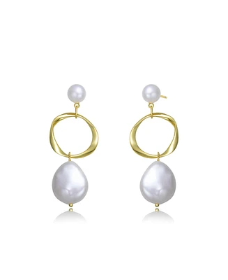 Genevive Elegant Sterling Silver 14K Gold Plating and Genuine Freshwater Pearl Hoop Earrings