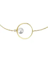 Genevive 14k Gold Plated with White Genuine Freshwater Pearl Solitaire Asymmetrical Wire Halo Delicate Bracelet