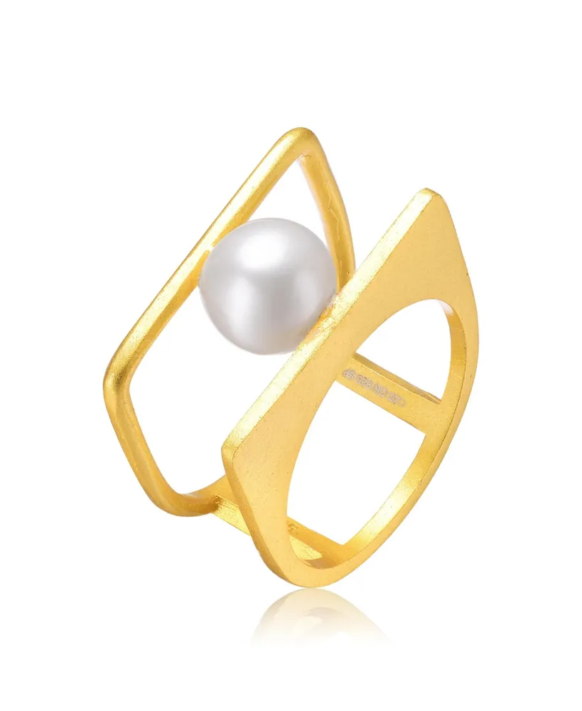 Genevive 14k Gold Plated with White Genuine Freshwater Pearl Double Band Geometric Square Stacked Ring.