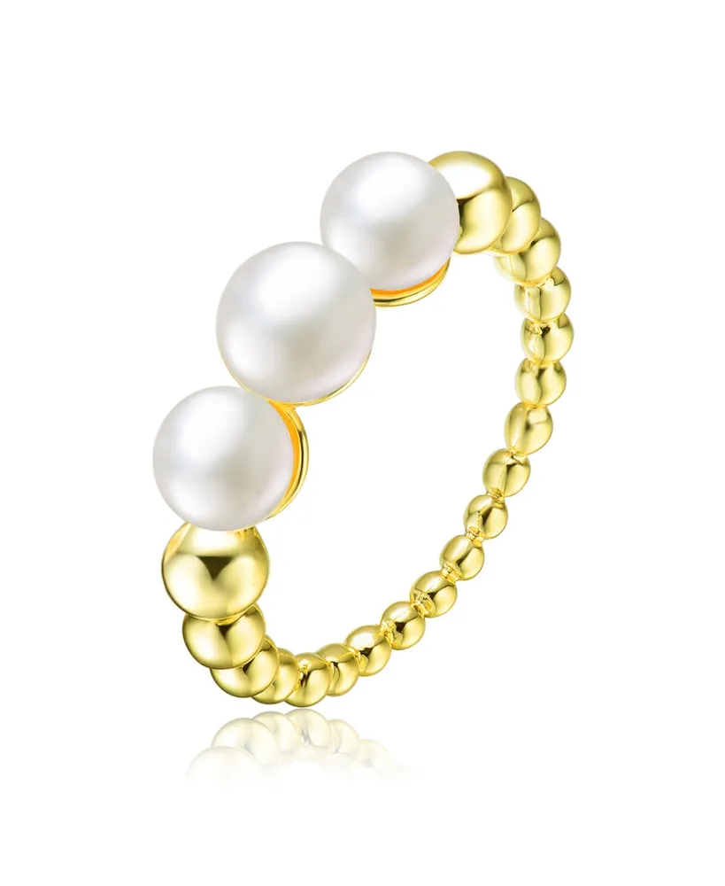 Genevive Sterling Silver 14K Gold Plated and 4.5MM 3 Fresh Water Pearls Ring