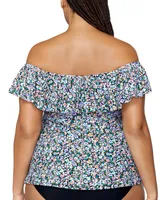 Raisins Curve Trendy Plus Tortuga Ruffled Off-The-Shoulder Tankini Top