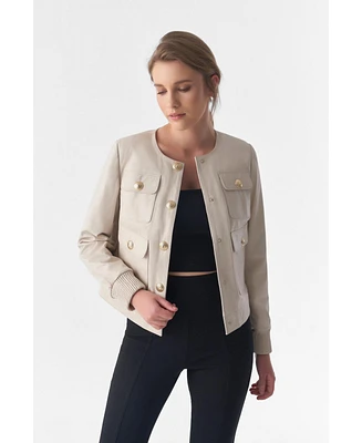 Women's Collarless Stunning Studs Closure Leather Jacket, Beige