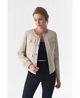 Furniq Uk Women's Collarless Stunning Studs Closure Leather Jacket