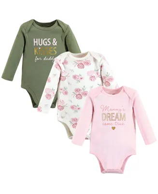 Hudson Baby Girls Cotton Long-Sleeve Bodysuits, Mom Dad Floral, 3-Pack