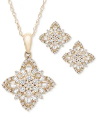 Wrapped In Love Diamond Round Baguette Flower Earrings Pendant Necklace Collection In 14k Yellow Gold Created For Macys