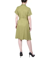 Ny Collection Petite Short Sleeve Belted Utility Style Dress