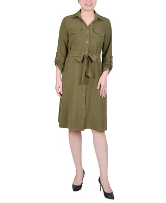 Ny Collection Petite Long Roll Tab Sleeve Shirtdress