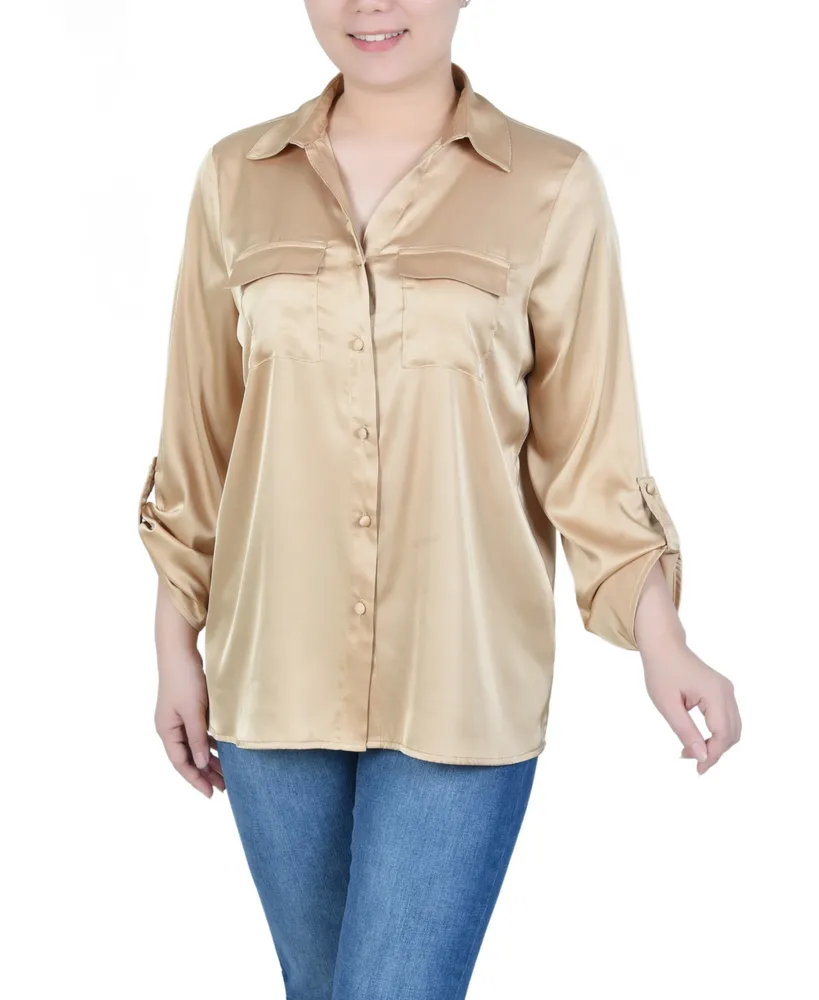 Ny Collection Petite 3/4 Sleeve Roll Tab Satin Blouse