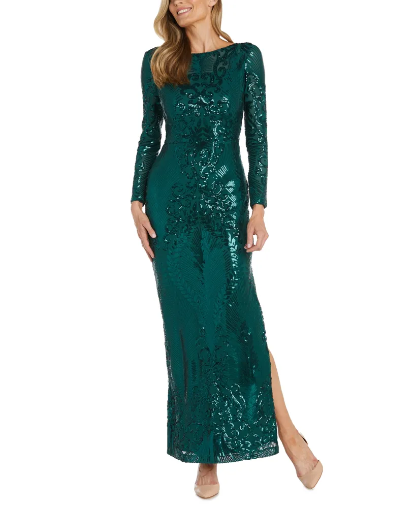 Nightway Women's Sequin Long-Sleeve Illusion Gown