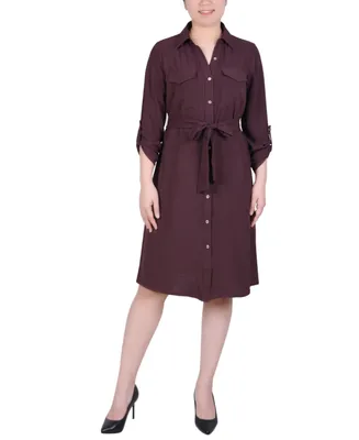 Ny Collection Petite Long Roll Tab Sleeve Shirtdress