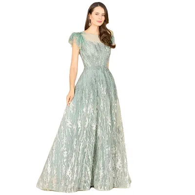 Lara Women's Lace ballgown with Feather Cap Sleeves