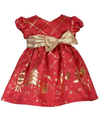 Bonnie Baby Baby Girls Short Sleeved Foiled Shantung with Nutcracker Motif and Side Bow Dress