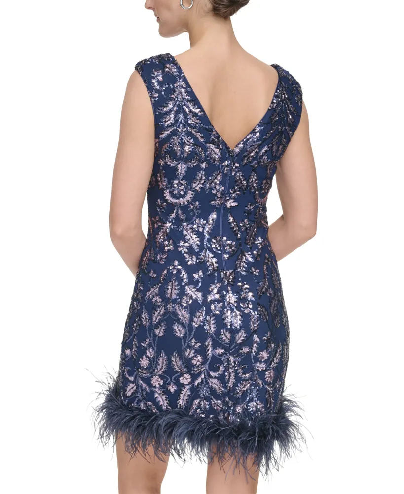 Eliza J Petite Feather-Trim Sequin Sheath Dress