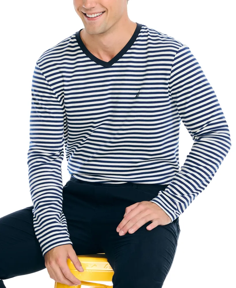Nautica Men's V-Neck Striped Long Sleeve T-Shirt