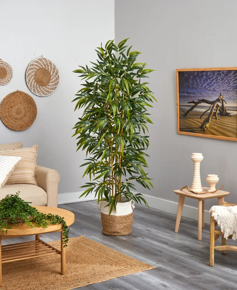 Nearly Natural 72" Artificial Bamboo (Poaceae) Tree with Handmade Jute Cotton Basket