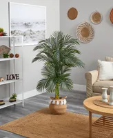 Nearly Natural 60" Artificial Double Stalk Cane Palm Tree with Handmade Woven Cotton Basket