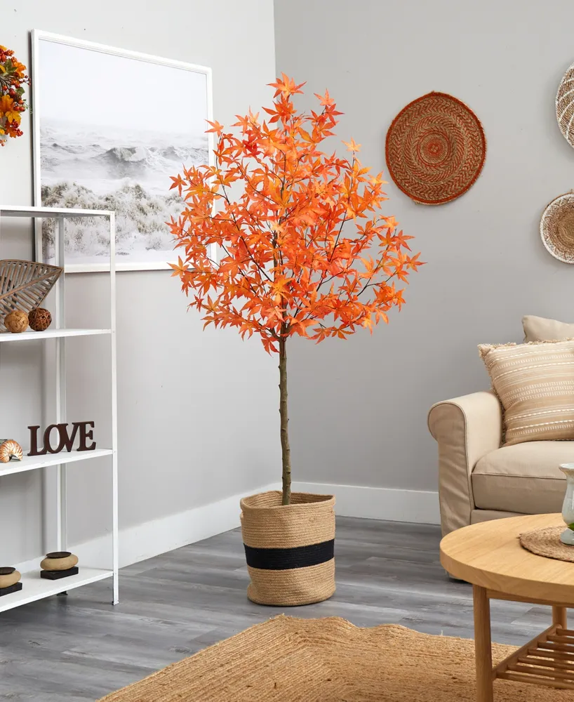 Nearly Natural 72" Artificial Autumn Maple Tree with Handmade Jute Cotton Basket