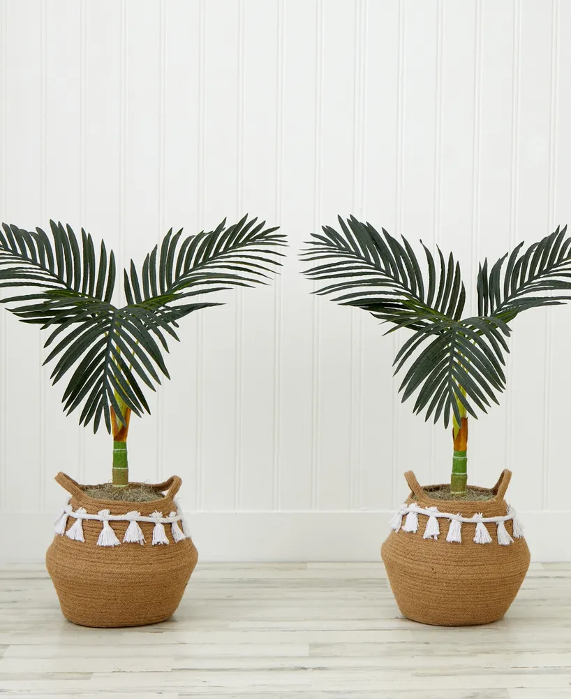 Nearly Natural 36" Artificial Cane Palm Tree with Handmade Jute Cotton Basket with Tassels Diy Kit Set of 2
