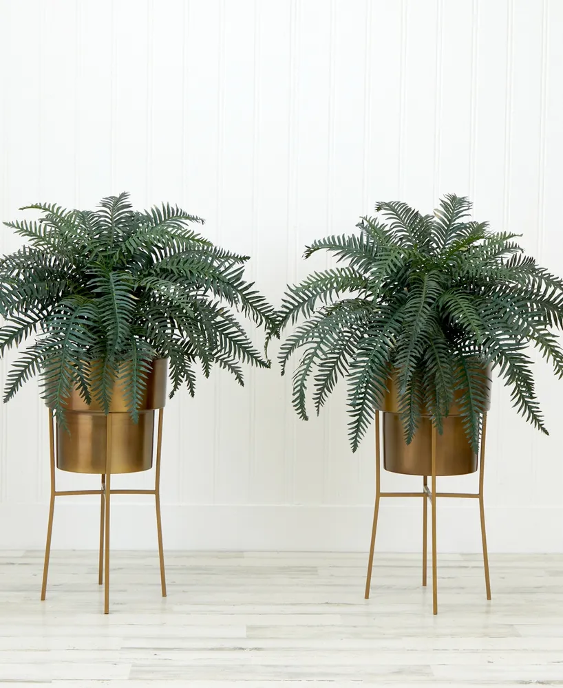 Nearly Natural 34" Artificial River Fern Plant in Metal Planter with Stand Diy Kit Set of 2