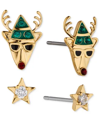 Ava Nadri Gold-Tone 2-Pc. Set Crystal Reindeer & Star Stud Earrings