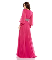 Women's Bishop Sleeve Wrap Over Belt Detail Flowy Gown