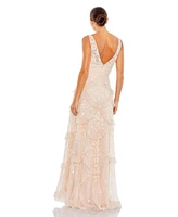 Women's Sequined Scallop Ruffle Tiered V-Neck Gown