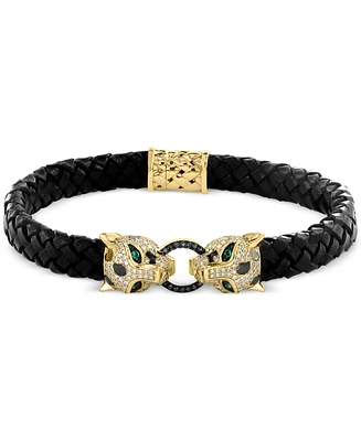 Effy White Diamond & Black Diamond (7/8 ct. t.w.) & Emerald (1/20 ct. t.w.) Panther Head Leather Bracelet in 14k Gold