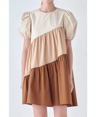 Women's Asymmetrical Colorblock Puff Sleeve Dress