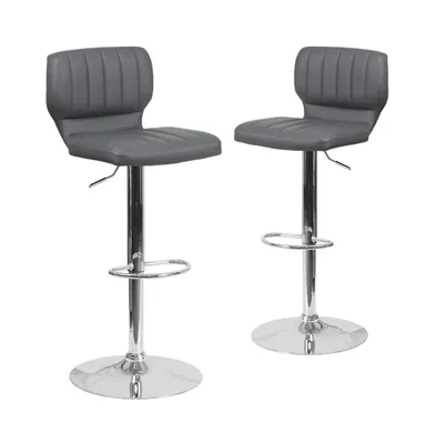 Set Of Two Swivel Bar Stools With Vertical Stitched Back And Adjustable Chrome Base Footrest