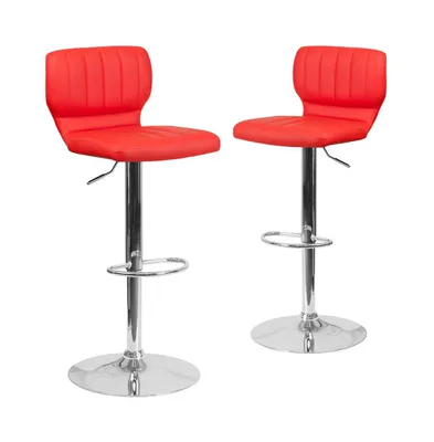 Set Of Two Swivel Bar Stools With Vertical Stitched Back And Adjustable Chrome Base Footrest