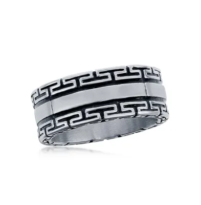 Metallo Stainless Steel Oxidized Greek Key Ring