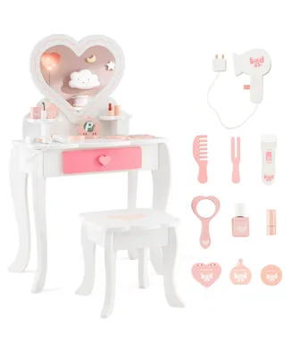 Costway Kids Vanity Set Makeup Table Chair Set Heart-shaped Mirror Accessories Included