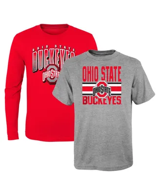 Preschool Boys and Girls Scarlet, Heather Gray Ohio State Buckeyes Fan Wave Short and Long Sleeve T-shirt Combo Pack