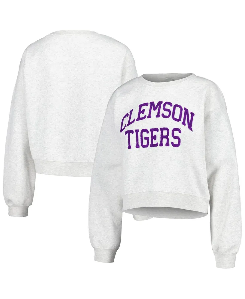 Women's ZooZatz Oatmeal Clemson Tigers Core Chenille Cropped Pullover Sweatshirt