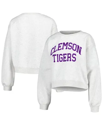 Women's ZooZatz Oatmeal Clemson Tigers Core Chenille Cropped Pullover Sweatshirt