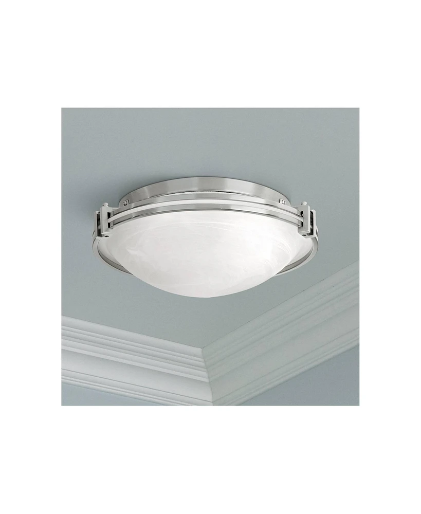 Possini Euro Design Modern Ceiling Light Flush Mount Fixture 16.75" Wide Brushed Nickel Silver Metal Marbleized Glass Shade for Bedroom Kitchen Living