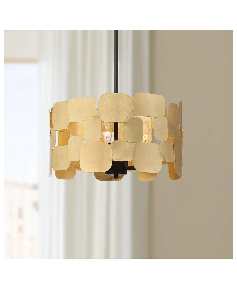 Possini Euro Design Stella Black Pendant Chandelier 15" Wide Mid-Century Modern Gold Leaf Drum Shade 4