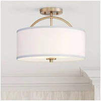 Possini Euro Design Halsted Modern Industrial Close To Ceiling Light Semi Flush Mount Fixture 15" Wide Warm Brass Gold White Linen Drum Shade for Bedr