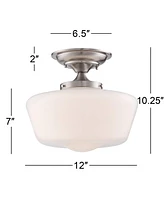 Regency Hill Floating Rustic Farmhouse Ceiling Light Semi Flush-Mount Fixture 12" Wide Brushed Nickel Opal White Glass Shade for Bedroom Kitchen Livin