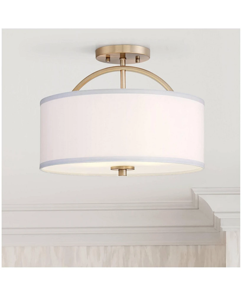 Possini Euro Design Halsted Modern Industrial Close To Ceiling Light Semi Flush Mount Fixture 15" Wide Warm Brass Gold White Linen Drum Shade for Bedr