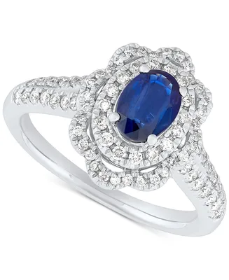 Sapphire (7/8 ct. t.w.) & Diamond (1/2 ct. t.w.) Halo Engagement Ring in 14k White Gold