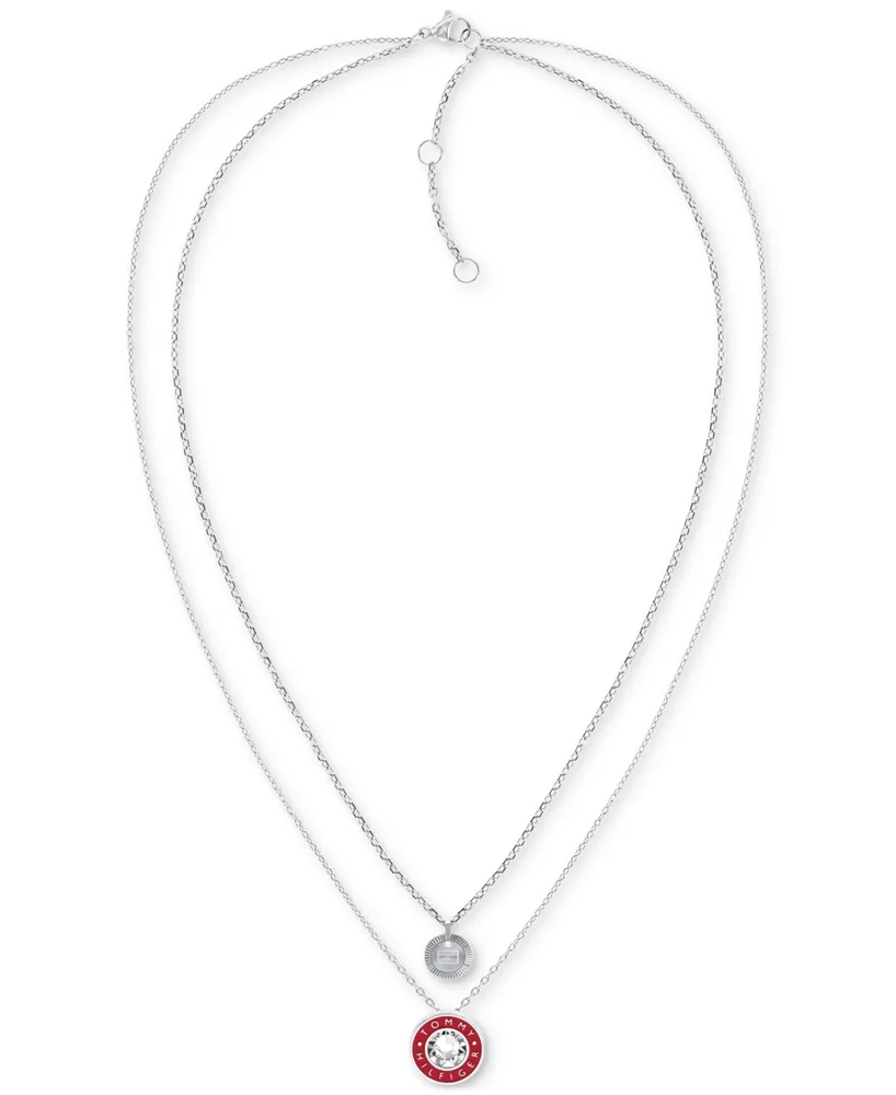 Tommy Hilfiger Stainless Steel Red Enamel & Stone Two-Row Pendant Necklace, 18" + 2" extender