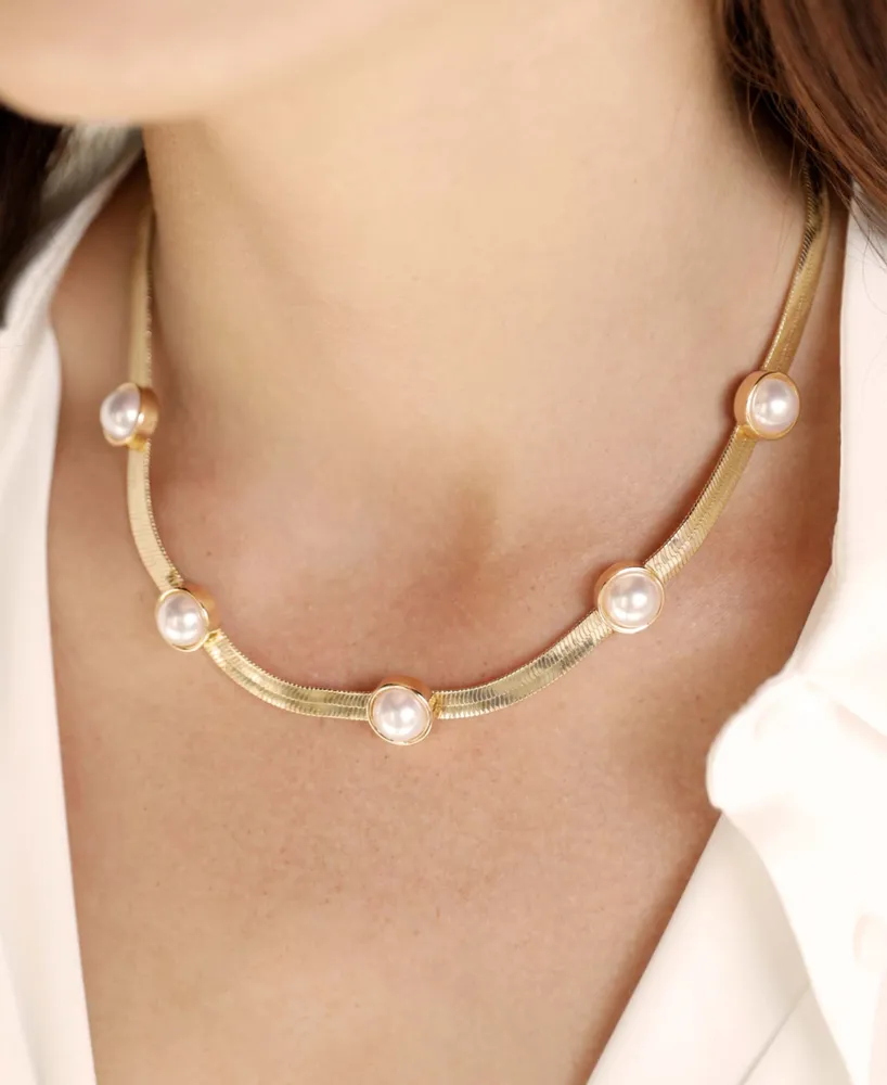 Ettika Imitation Pearl Dotted 18K Gold Plated Snake Chain