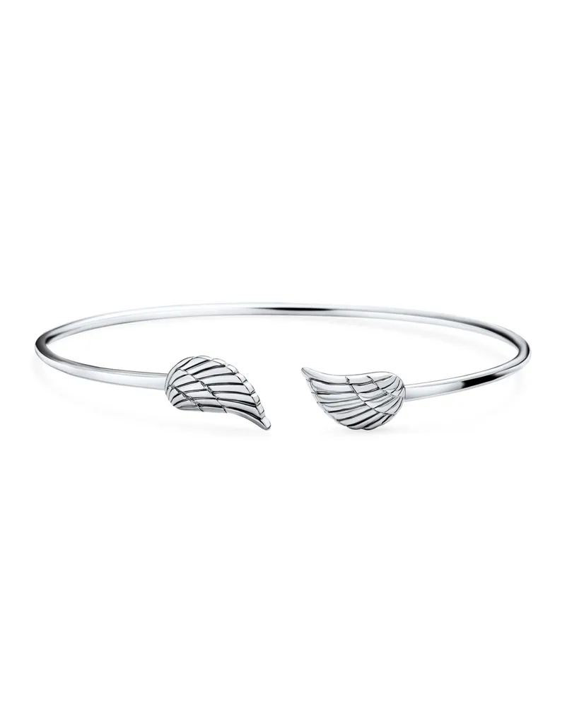 Bling Jewelry Dainty Religious Minimalist Thin Guardian Angel Wing Feather Bangle Cuff Bracelet For Women For Sterling Silver