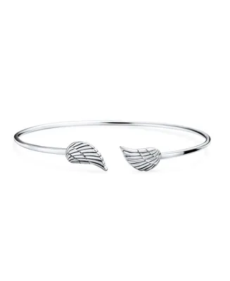 Dainty Religious Minimalist Thin Guardian Angel Wing Feather Bangle Cuff Bracelet For Women For Teen .925 Sterling Silver