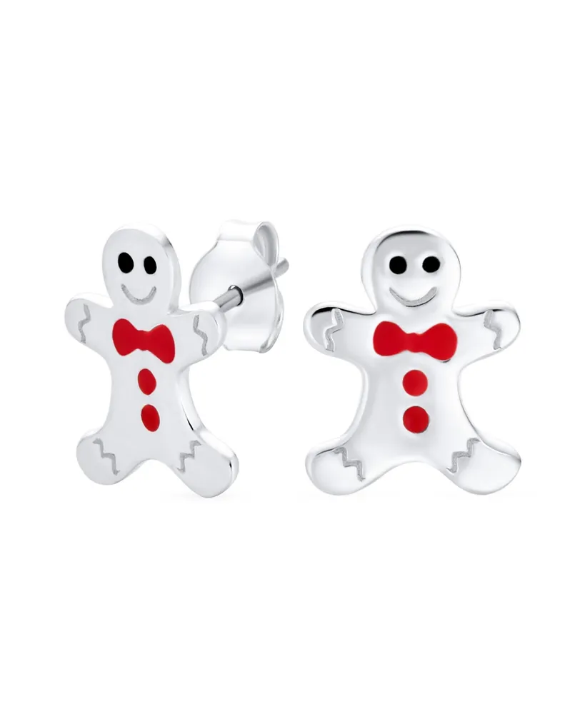 Bling Jewelry Small Fun Holiday Cartoon Christmas Winter Enamel Bow Tie Gingerbread man Stud Earrings For Women Sterling Silver