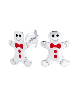 Small Fun Holiday Cartoon Christmas Winter Enamel Bow Tie Gingerbread man Stud Earrings For Women Teens .925 Sterling Silver