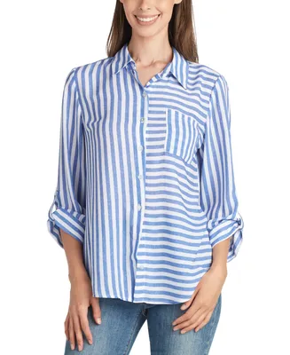 Bcx Juniors' Cotton Striped Roll-Tab-Sleeve Shirt