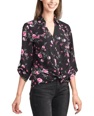 Bcx Juniors' Roll-Tab-Sleeve Tie-Front Floral Shirt